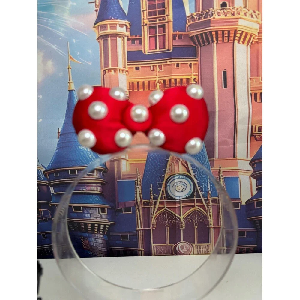 Mouse Red Pearl Polka Dot Bow Hair Clips . 2pc